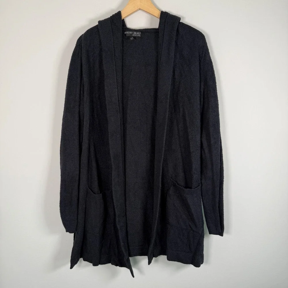 Barefoot Dreams CozyChic Lite Open Front Hooded Cardigan‎ Sweater L/XL Black